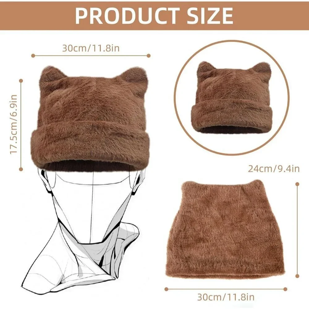 Women's Brown Winter Beanie Hat Cute Cat/Bear Ear Hat with Internal Support